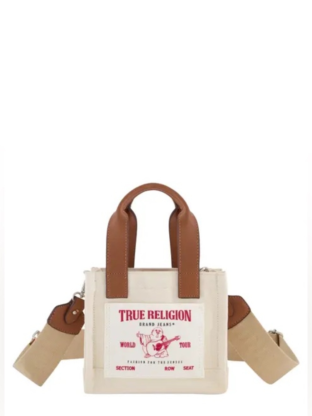 True Religion Cream Canvas Mini Tote with Brown Handles and Red Logo